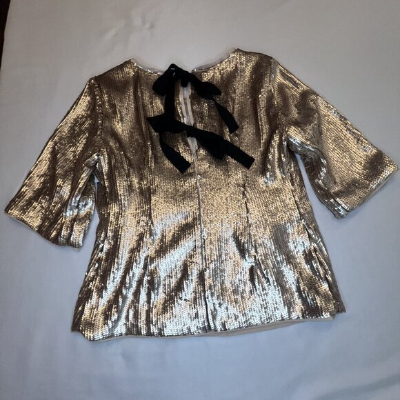 J.Crew Women's Sequin Top Size 14 Gold Open Back Bow Detail 3/4 Sleeve Party - Picture 5 of 6